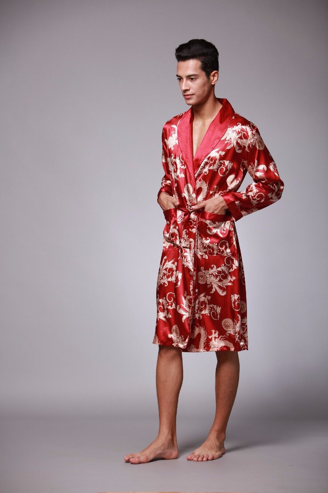 Mens Chinese Japanese Oriental Gold Dragons Red Bathrobe Dressing Gown mrobe8