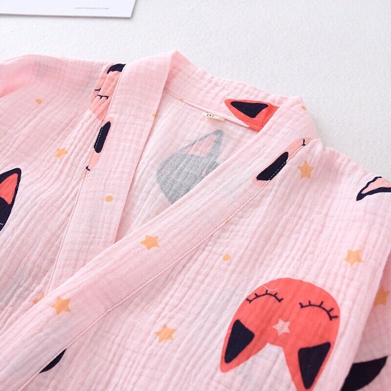 Chinese Japanese Cute Cats and Stars Pink Long Ladies Kimono Pyjamas ladpj313