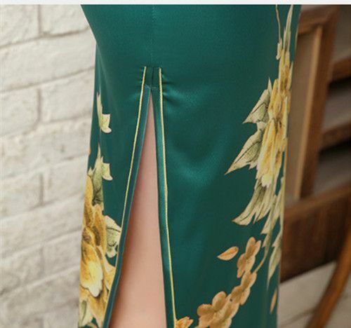 New Luxurious Golden Flowers Green Chinese Long Dress Cheongsam Qipao lcdress23