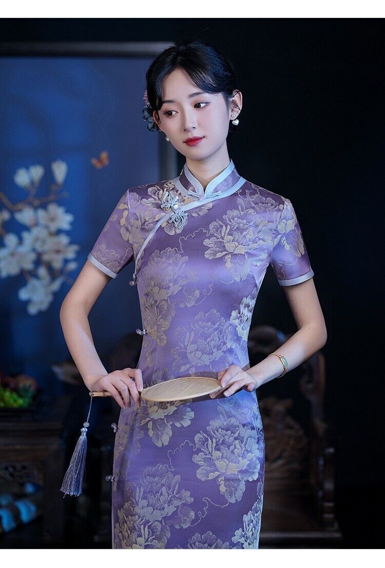 Acetate Satin Violet Jacquard Chinese Style Qipao Elegant Flying Flower Buckle