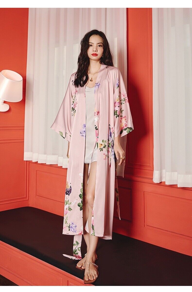 Satin Chinese Japanese Luxurious Pink Peacock Prints Trim Kimono Dressing Gown