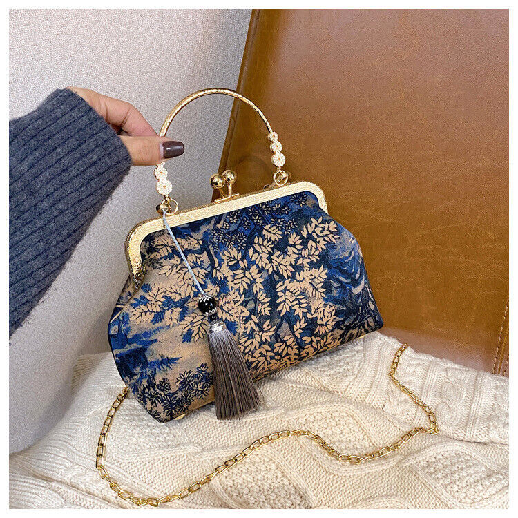 Ladies Chinese Style Mid-night Forest Gold and Blue Tassel Shoulder Bag Handbag