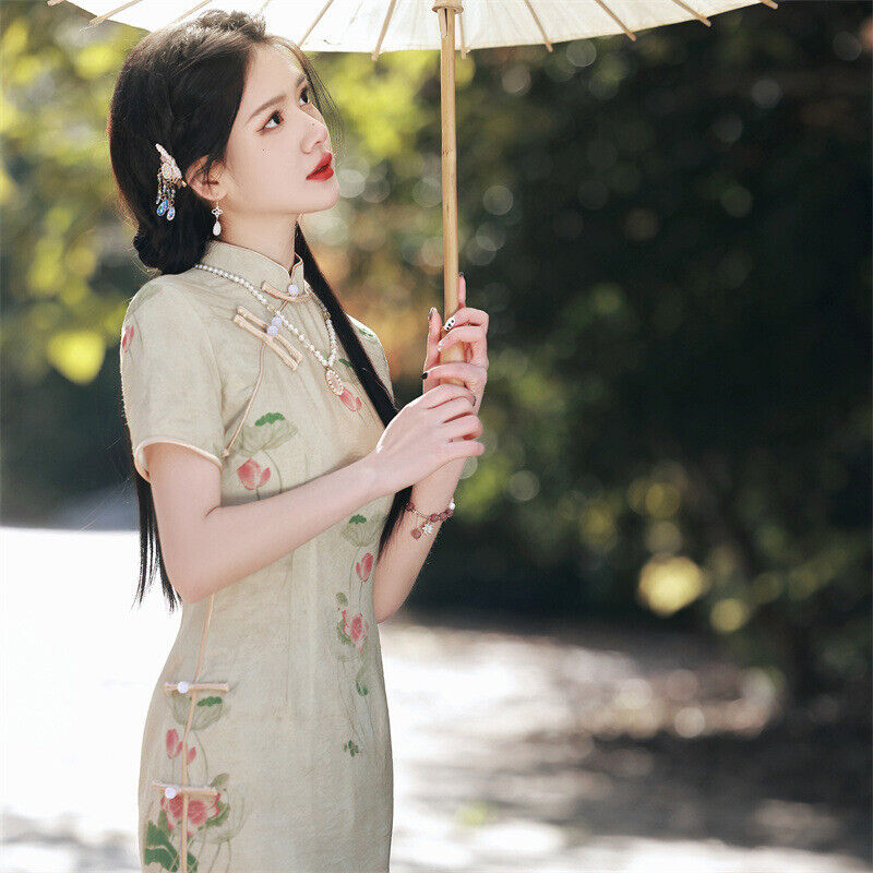 Luxurious Chinese Green Dual Layer Ramie Lotus Short Cheongsam Qipao Dress