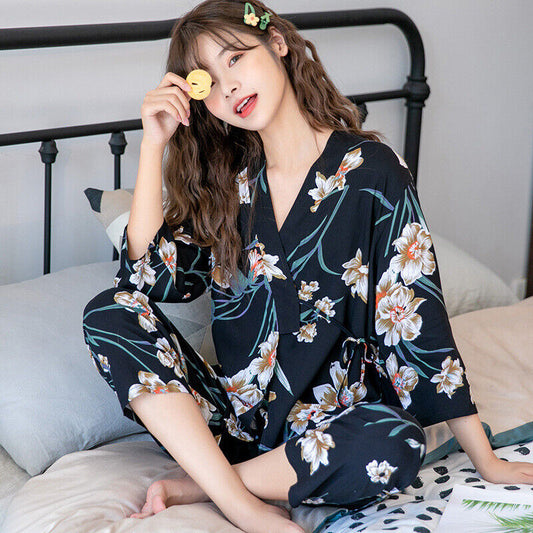 Black Chinese Japanese White Orchids Cotton Long Ladies Kimono Pyjamas ladpj366