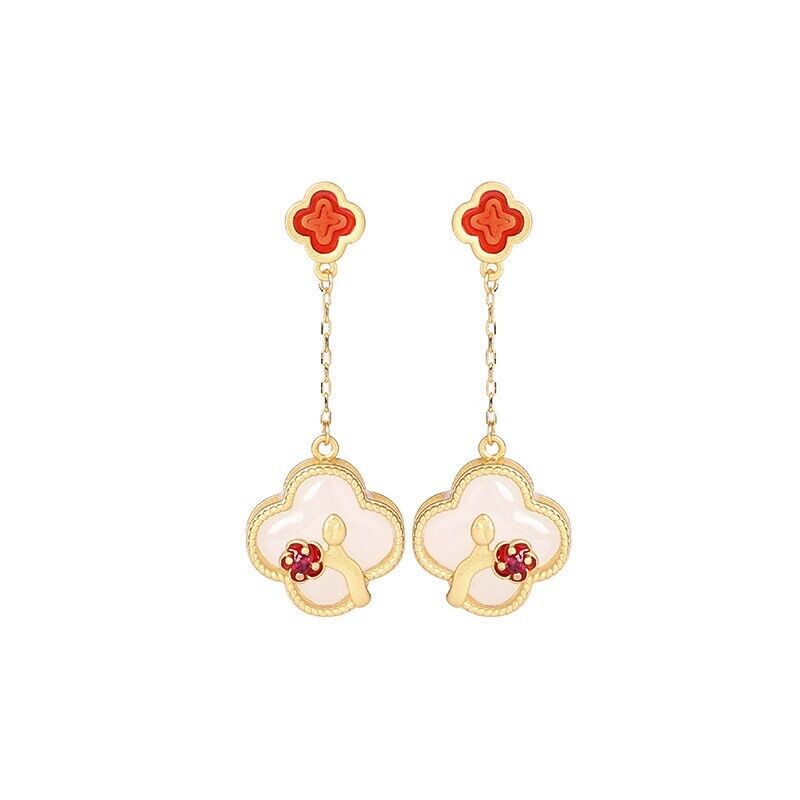 Gold Plated Chinese Royal Palace Hetian Jade Cloisonne Four Leaf Clover Earrings