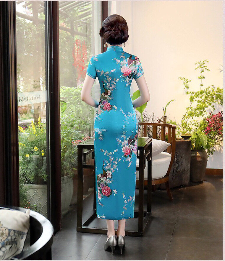 New Luxurious Blue Satin Phoenix Chinese Long Dress Cheongsam Qipao lcdress51