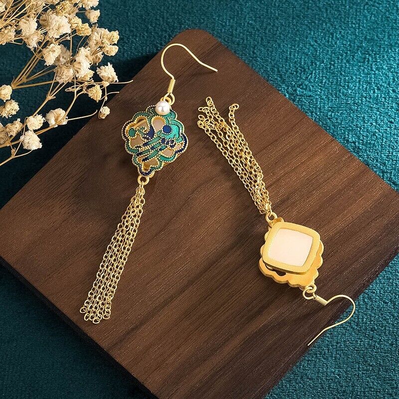 Gold Plated Chinese Royal Palace Style Hetian Jade Tassel & Lucky Lock Earrings