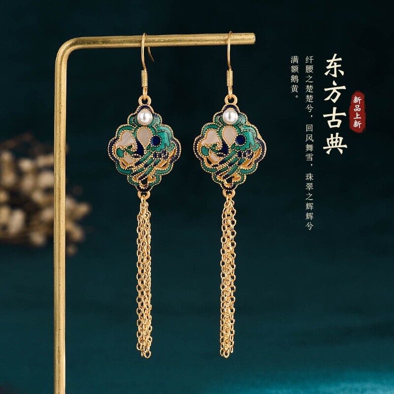 Gold Plated Chinese Royal Palace Style Hetian Jade Tassel & Lucky Lock Earrings