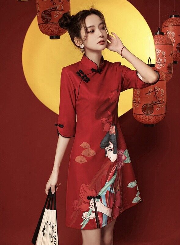 New Chinese China Red Wuxia Girl Print Knee Length Short Cheongsam Qipao Dress