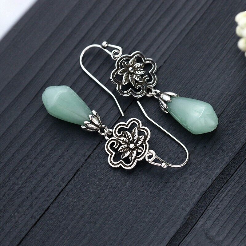 New Ladies Chinese Green Jade Floral Stainless Steel Dangling Hook Earrings