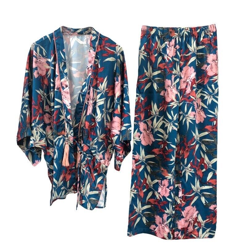 New Ladies Royal Blue Summer Flowers Kimono Top and Trousers Pyjamas ladpj277