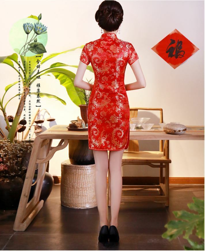 New Luxurious Red Satin Chinese Floral Short Dress Cheongsam Qipao lcdress82