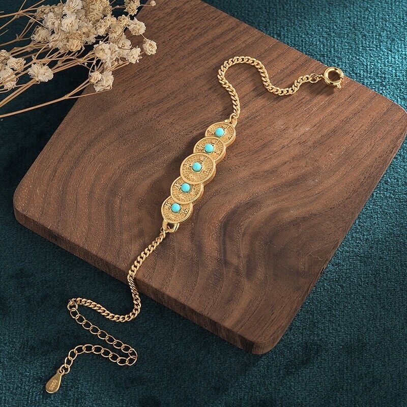 Ladies Chinese Linked Ancient Coins Faux Turquoise Gold Plated Chain Bracelet