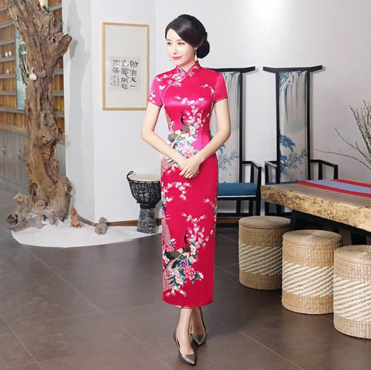 New Luxurious Pink Satin Phoenix Chinese Long Dress Cheongsam Qipao lcdress70