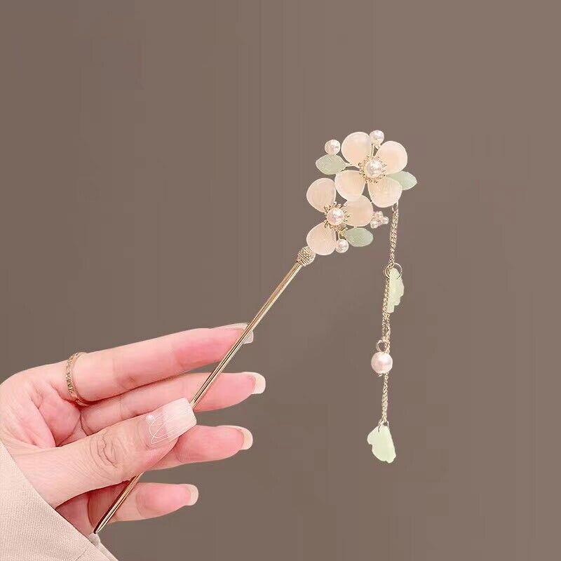 Golden Hair Chopstick with Light Pink Peach Flower Green Leaves Dangling Pearls