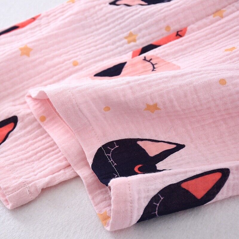 Chinese Japanese Cute Cats and Stars Pink Long Ladies Kimono Pyjamas ladpj313