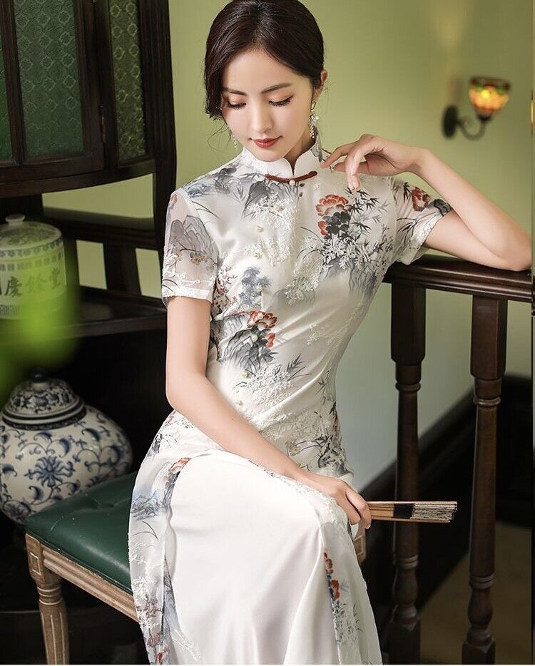 Ladies White Chinese Black Water Paint Floral Prints Long Dress Cheongsam Qipao