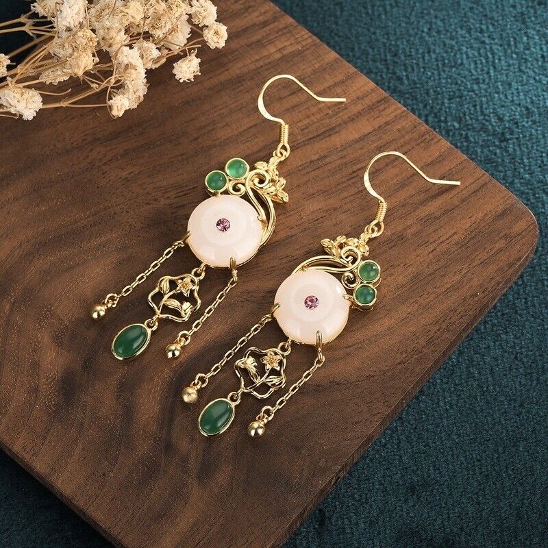 Chinese Gold Plated Phoenix Jade Earrings with Pink Diamond & Green Jade Accents