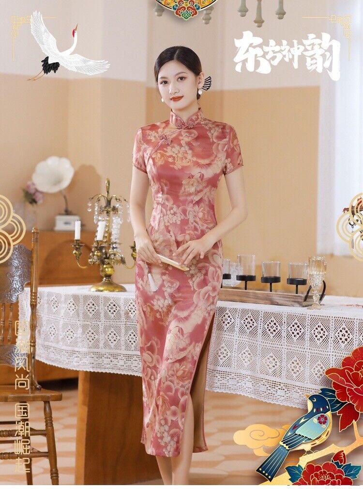 New Chinese Peach Pink Golden Floral Prints Satin Long Cheongsam Qipao Dress