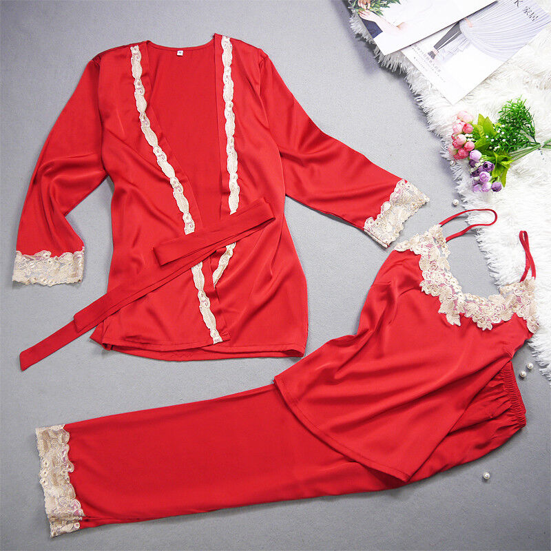 New Luxurious Silk Ladies Womens Set of 3 Red Pyjamas Pajamas ladpj203