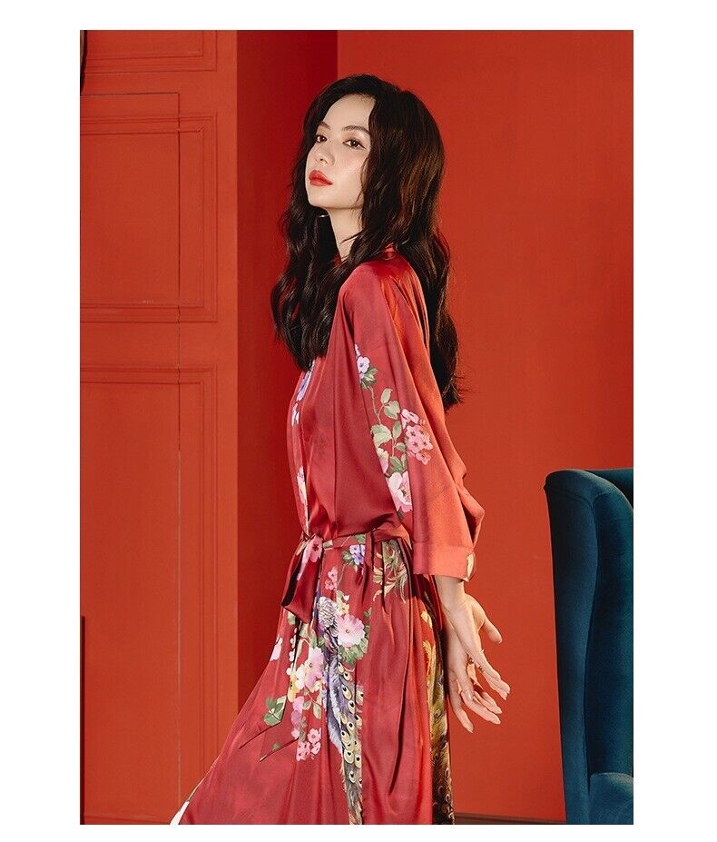 Satin Chinese Japanese Luxurious Red Peacock Prints Trim Kimono Dressing Gown