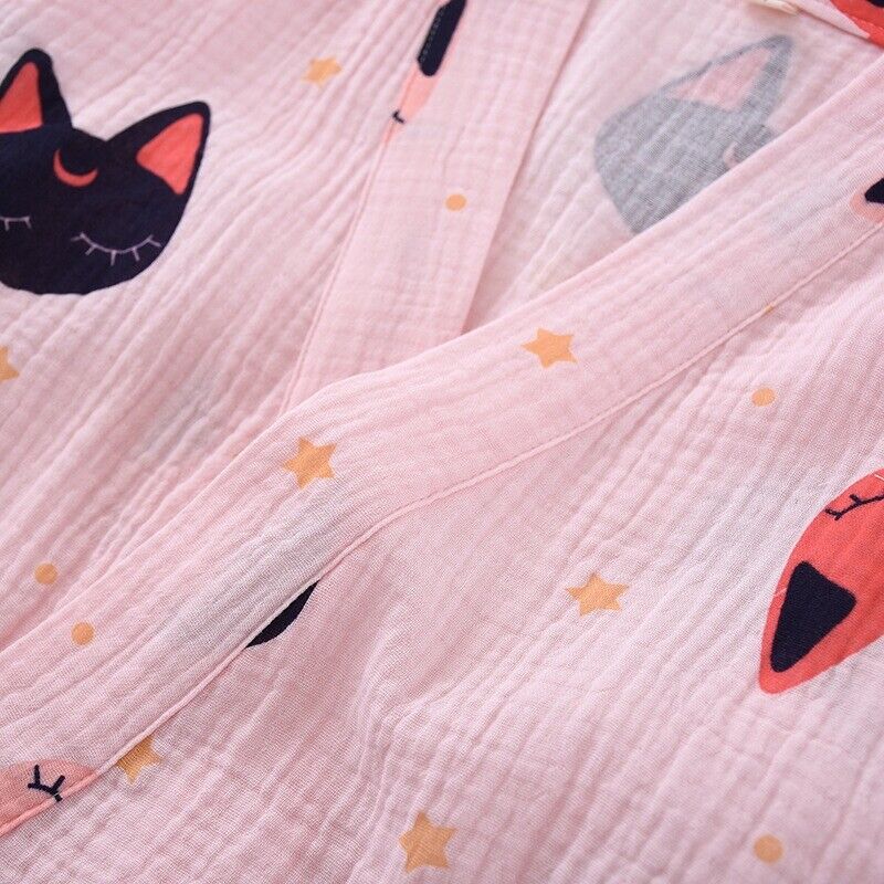 Chinese Japanese Cute Cats and Stars Pink Long Ladies Kimono Pyjamas ladpj313