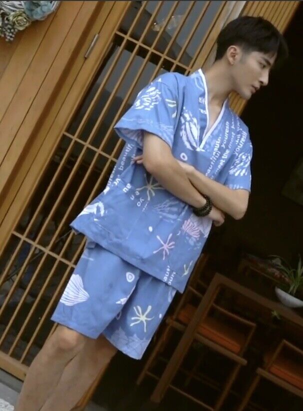 Chinese Japanese Mens Blue Sea Life Top & Shorts Kimono Pyjamas Pajamas menpjs48