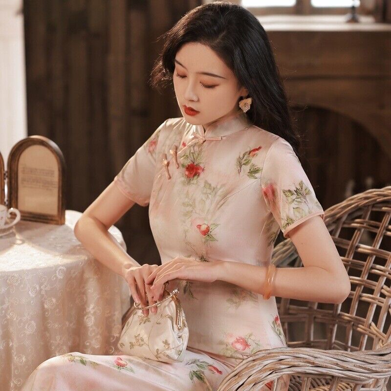 New Luxurious Chinese Satin Light Pink Red Floral Long Cheongsam Qipao Dress