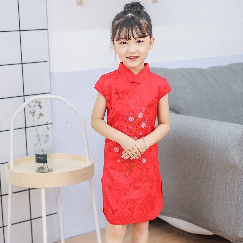 Chinese Childrens Girls China Red Cherry Blossom Qipao Cheongsam Dress gcd12