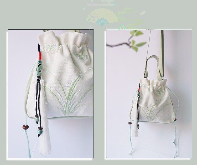 New Ladies Chinese Canvas Pouch Style Embroidered Handbag with Shoulder Strap