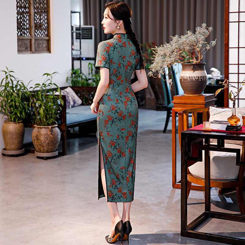 New Luxurious Chinese Spring Green With Red Flowers Long Cheongsam Qipao Dress