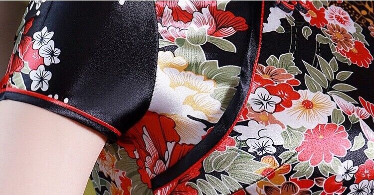 New Black Satin Floral Prints Chinese Asian Short Cheongsam Qipao Dress