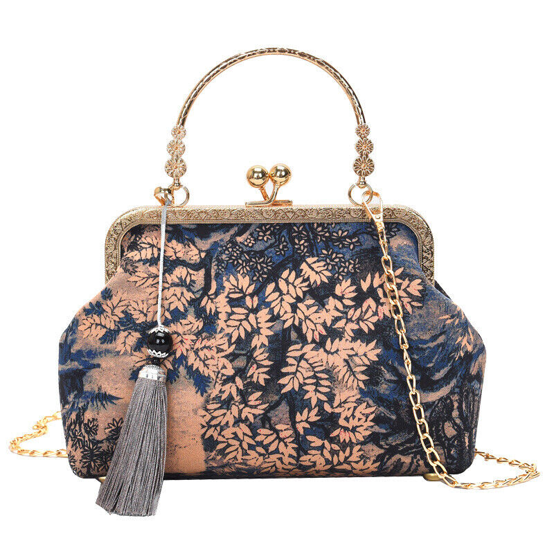 Ladies Chinese Style Mid-night Forest Gold and Blue Tassel Shoulder Bag Handbag