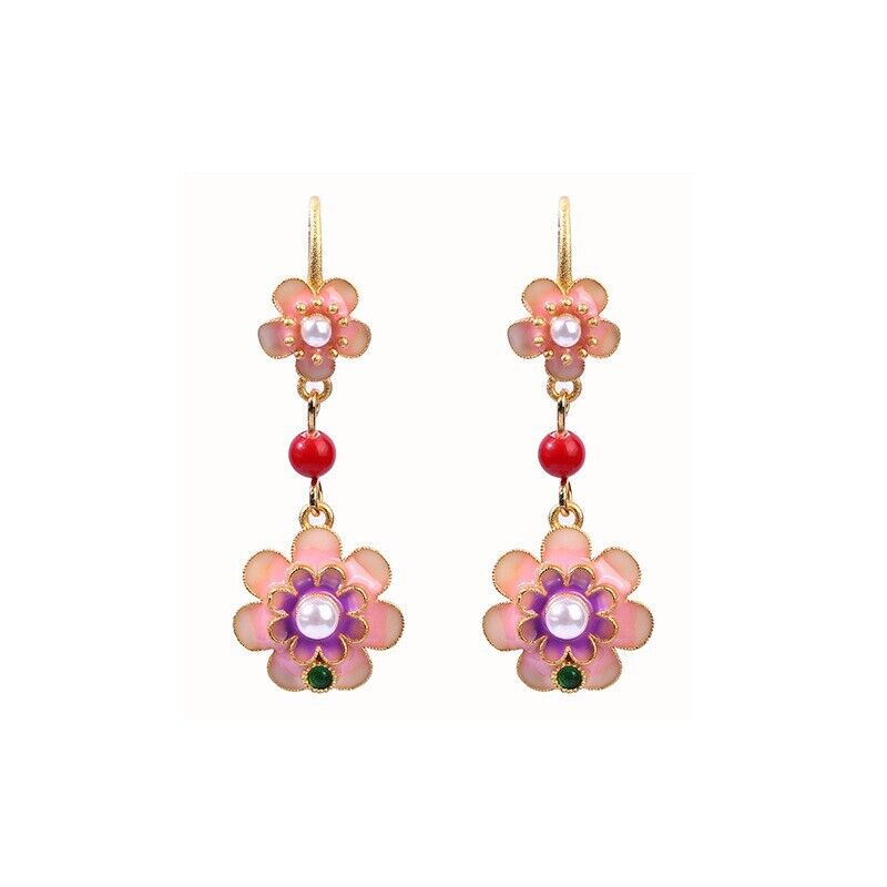 New Chinese Opulent Blossom Cloisonné Earrings with Jade and Coral Accents