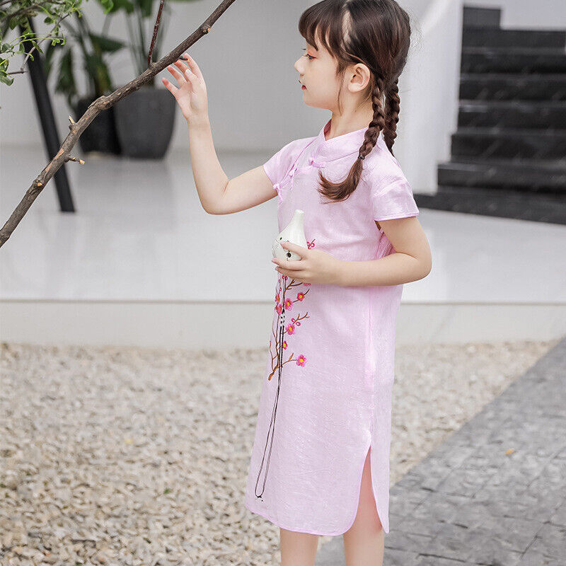 Chinese Childrens Girls China Pink Cherry Blossom Qipao Cheongsam Dress