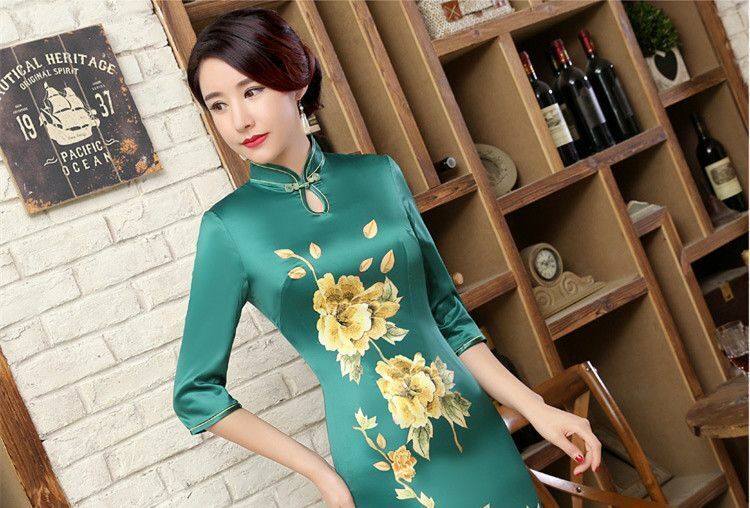 New Luxurious Golden Flowers Green Chinese Long Dress Cheongsam Qipao lcdress23