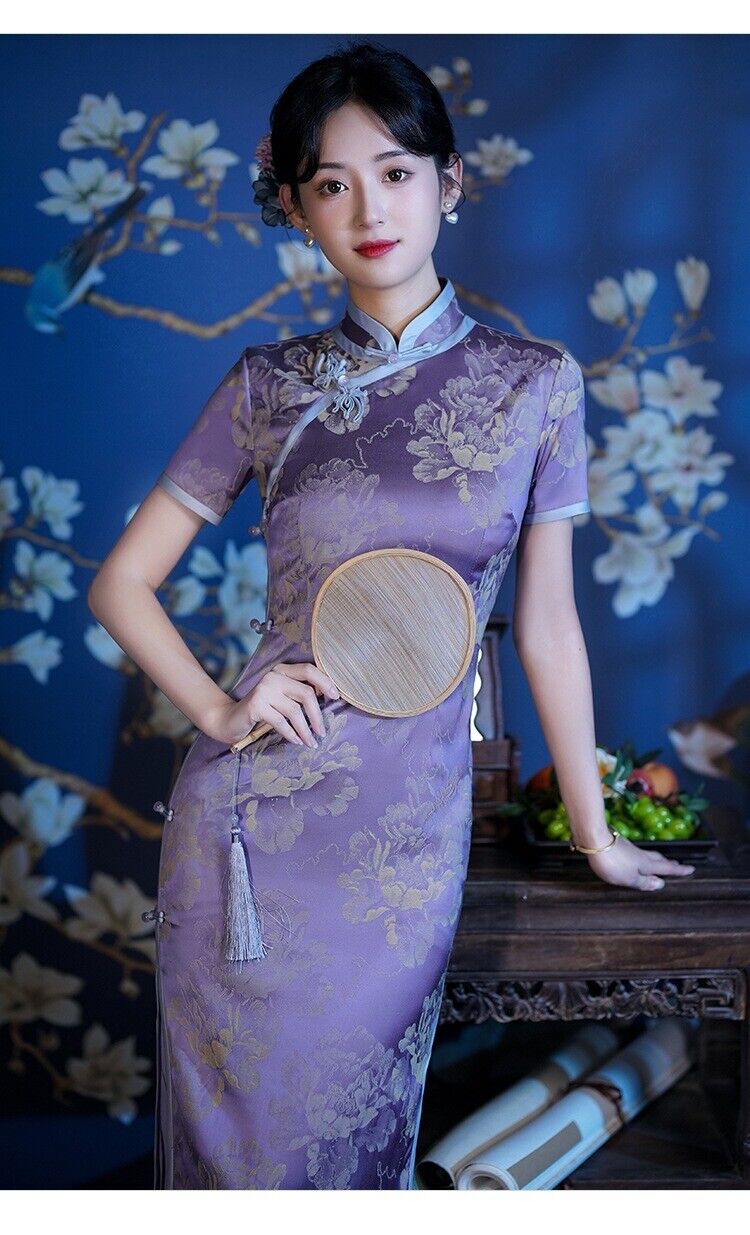 Acetate Satin Violet Jacquard Chinese Style Qipao Elegant Flying Flower Buckle