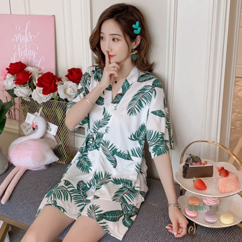 New Chinese Japanese Leaves Cotton White Short Ladies Kimono Pyjamas ladpj364