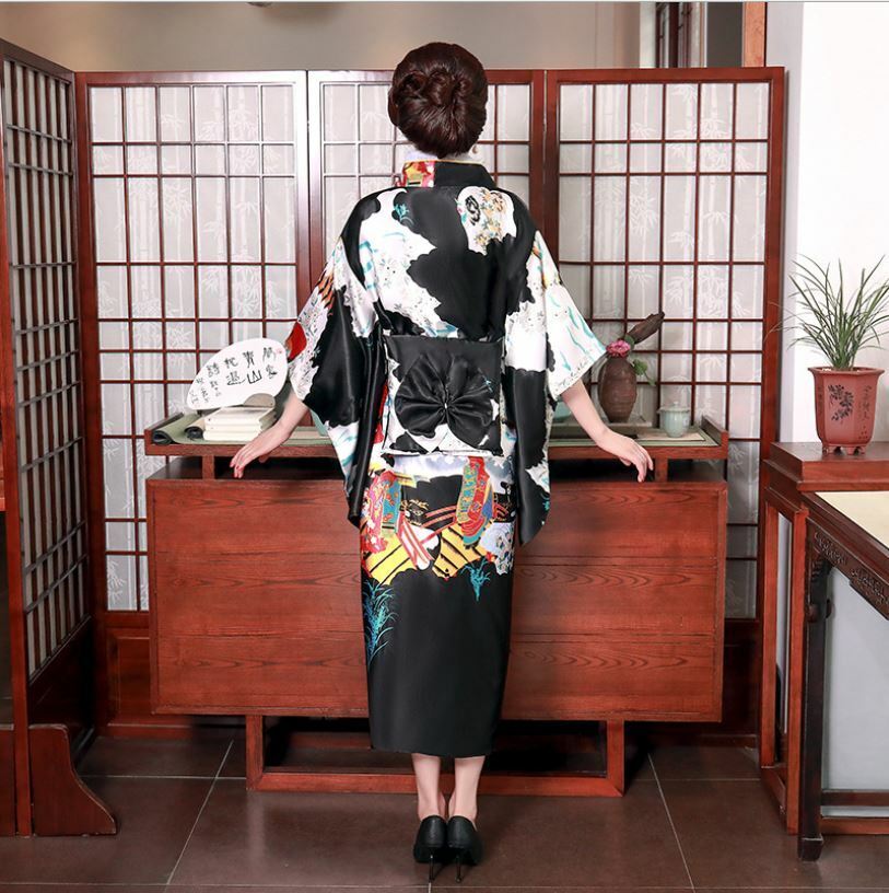 Japanese Oriental Elegant Spring Blossom Black Kimono Costume One Size kimono11