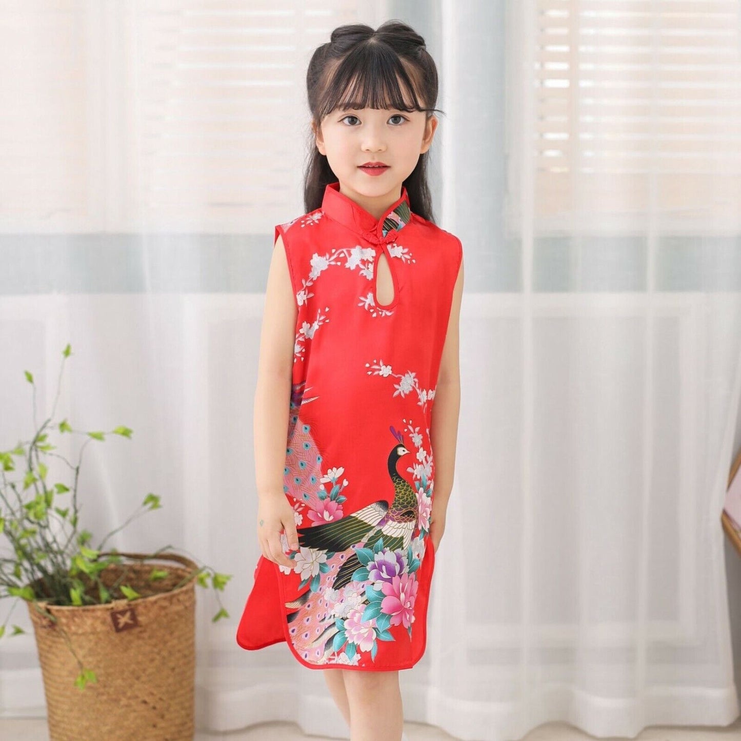 Chinese Childrens Girls China Red Oriental Peacock Qipao Cheongsam Dress gcd11