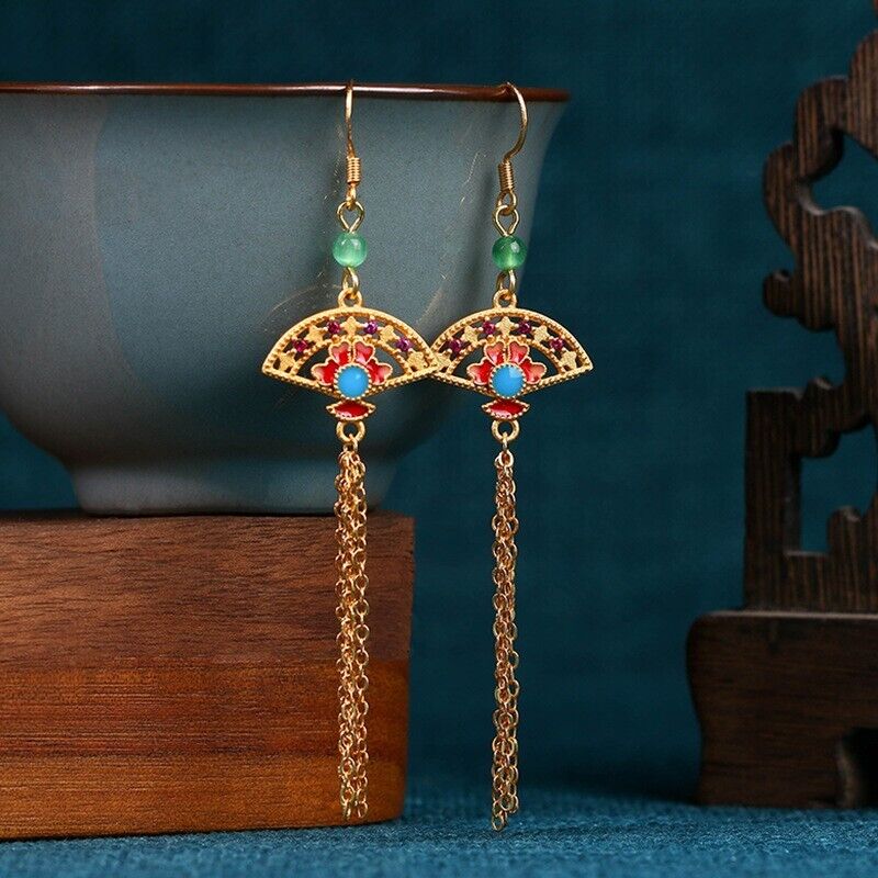 New Chinese Regal Fan-Shaped Tassel Earrings with Turquoise and Coral Beads