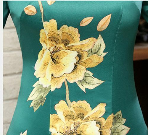 New Luxurious Golden Flowers Green Chinese Long Dress Cheongsam Qipao lcdress23