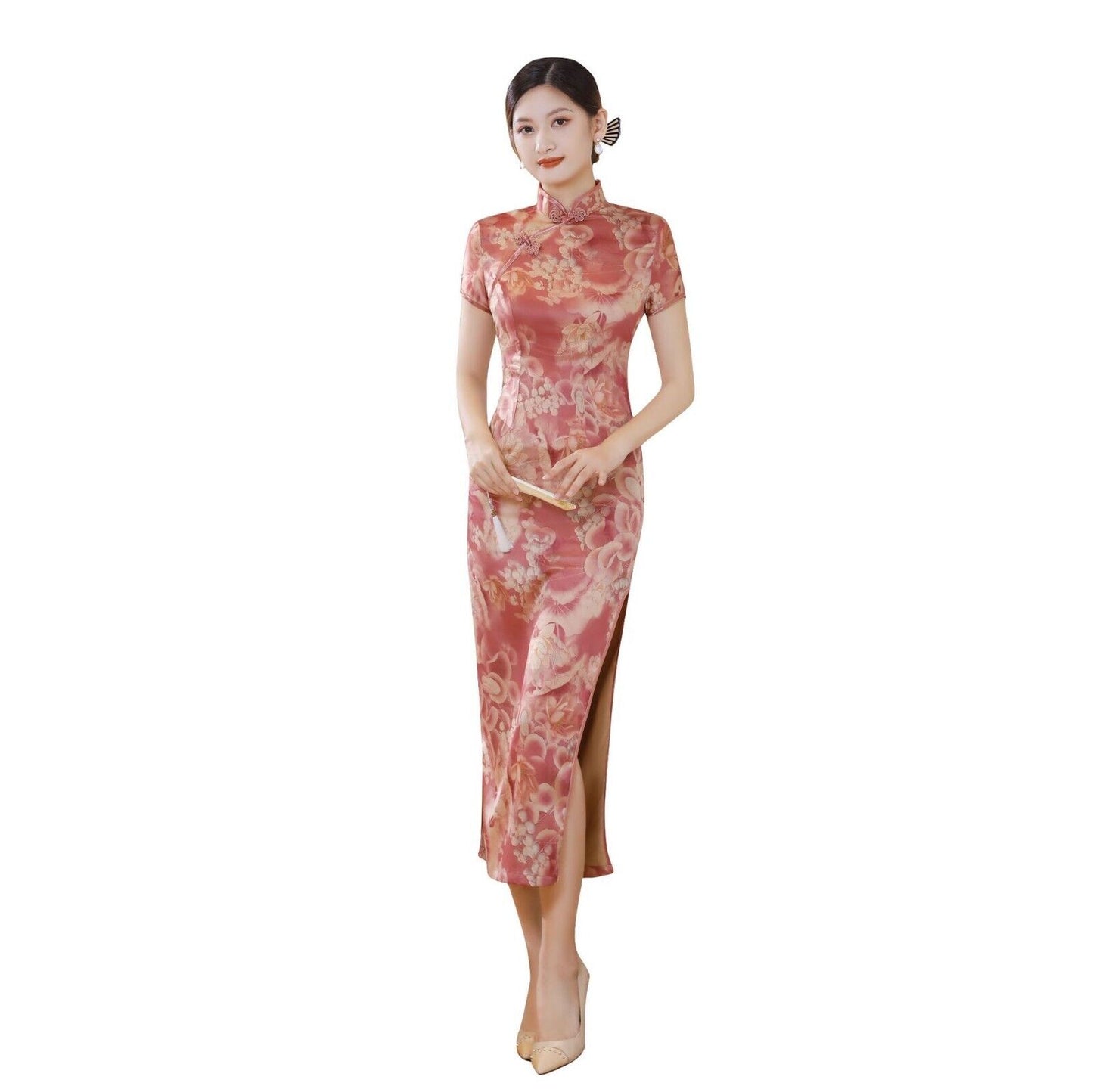 New Chinese Peach Pink Golden Floral Prints Satin Long Cheongsam Qipao Dress