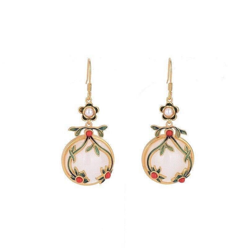 New Ladies White Jade Floral And Southern Red Agate Gold-plated Pearl Earrings