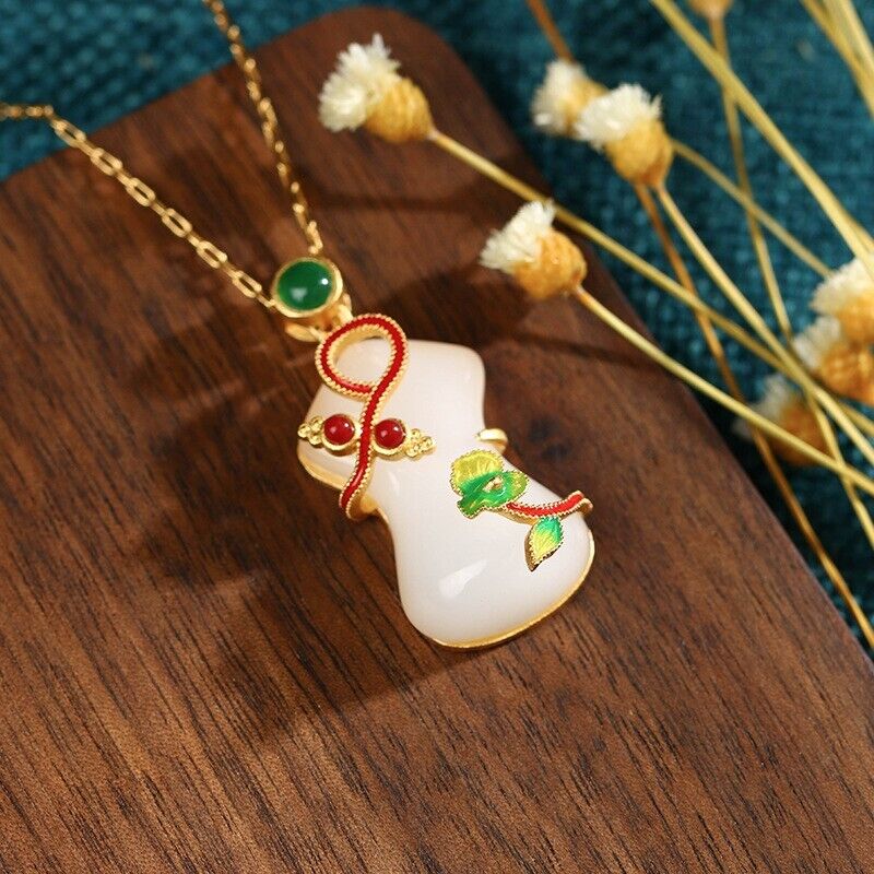 Chinese Ladies Qipao Shaped Gold-Plated Pendant Hetian Jade Enamel Necklace