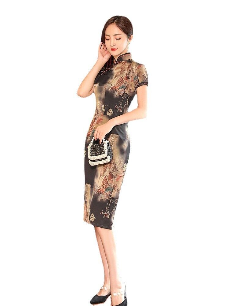 New Ladies Black Floral Prints Chinese Short Dress Cheongsam Qipao lcdress189