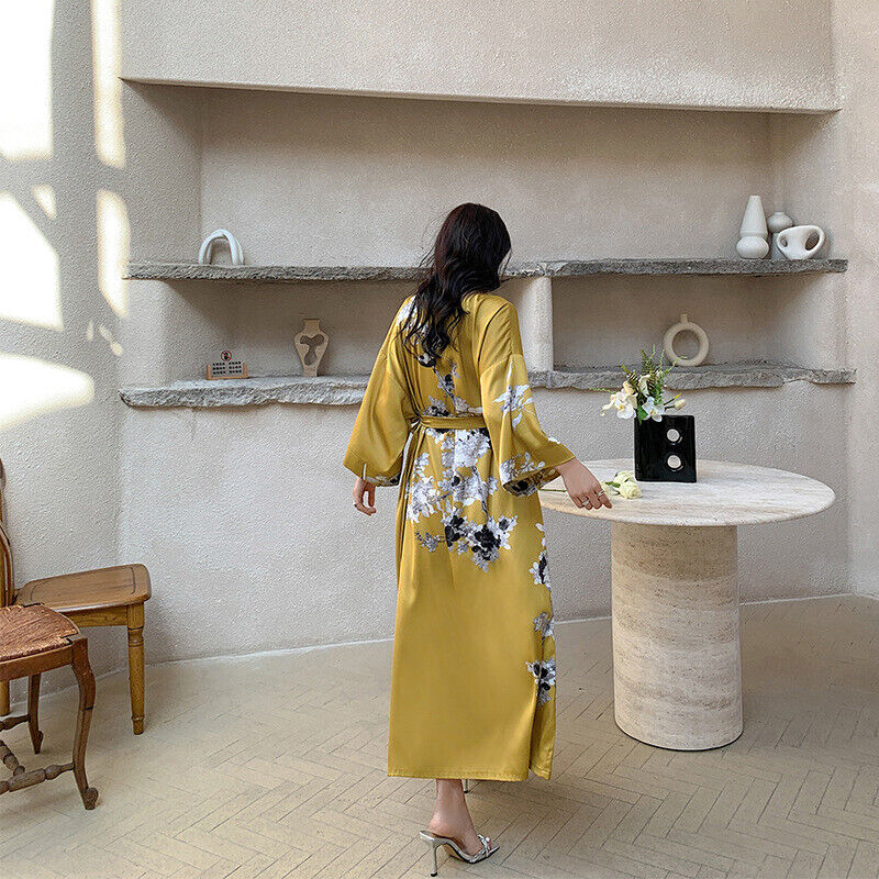 Elegant Ladies Yellow Floral Chinese Japanese Kimono Long Nightgown Bathrobe