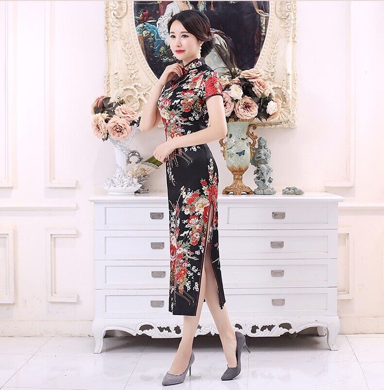 New Luxurious Black Satin Floral Chinese Long Dress Cheongsam Qipao lcdress195