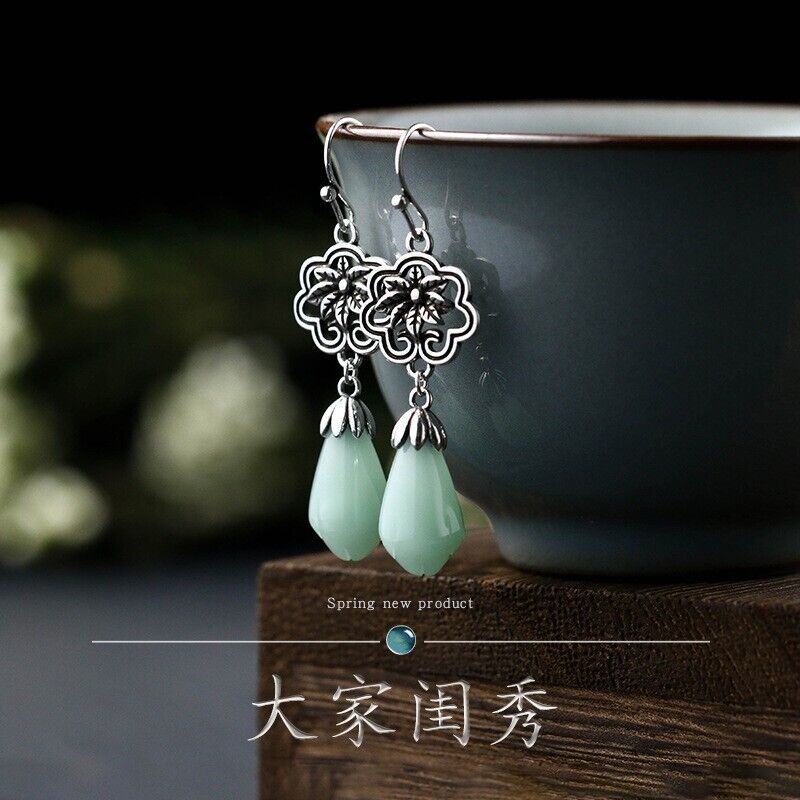 New Ladies Chinese Green Jade Floral Stainless Steel Dangling Hook Earrings