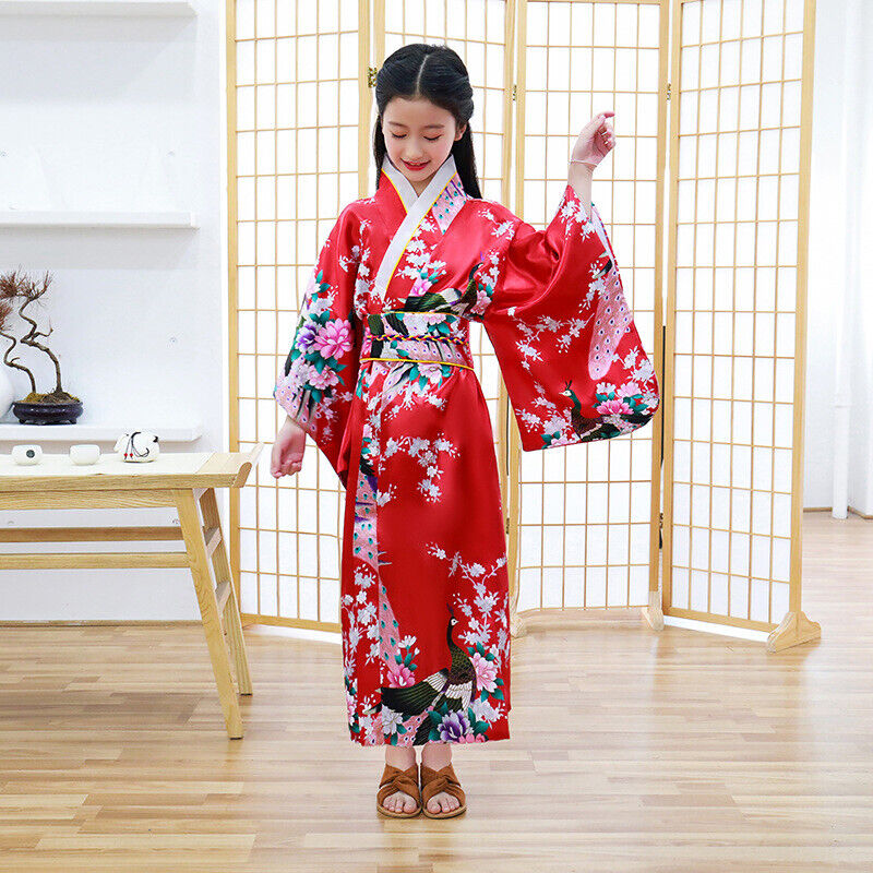 New Japanese Childrens Girls Red with Flower Prints Long Kimono Outfit gjk6